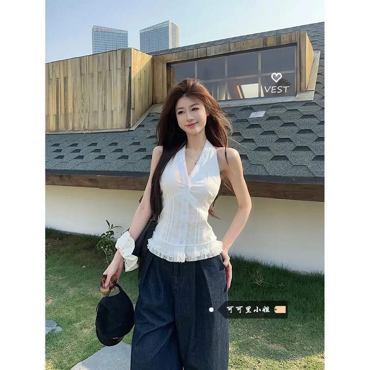 蕾丝拼接露背挂脖背心女2025夏季新款辣妹设计感修身显瘦气质吊带