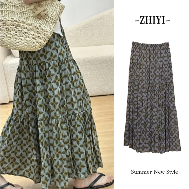 高级松紧腰半身裙女2025早秋大码星星花纹高腰显瘦压褶气质A字裙