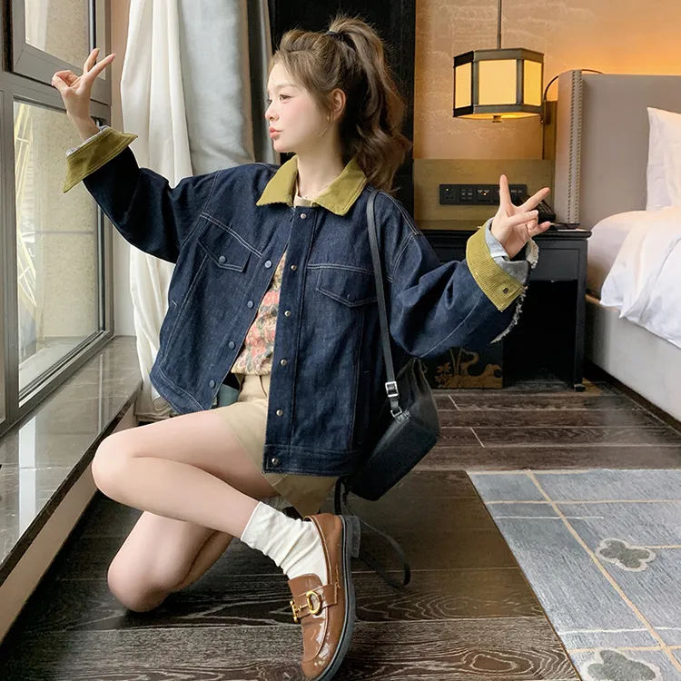 短款翻领春季直下摆保暖女短外套秋季学生宽松小个子复古春秋气质