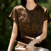 【白雪.荐选】桑蚕丝真丝绸缎面T恤色香云纱花萝桑蚕丝上衣D631