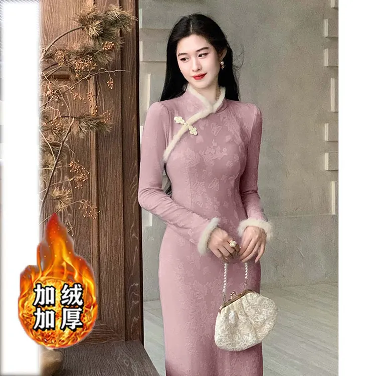【加绒加厚】紫色新中式改良旗袍女秋冬装元旦圣诞连衣裙D4302