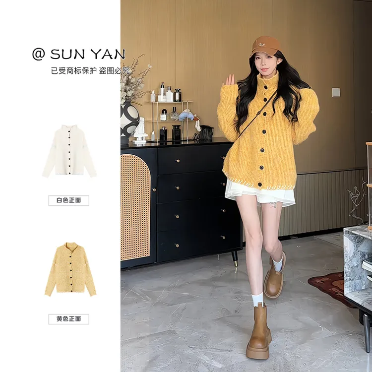 孙妍【软调软艺】时尚复古排扣休闲翻领针织毛衣开衫外套女秋冬新款