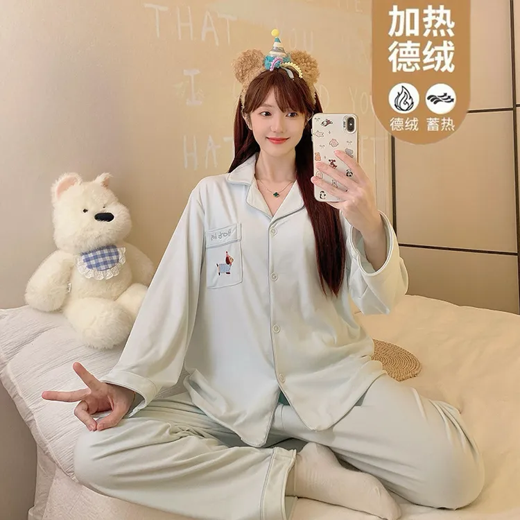 秋冬德绒长袖女士睡衣可爱休闲家居服套装