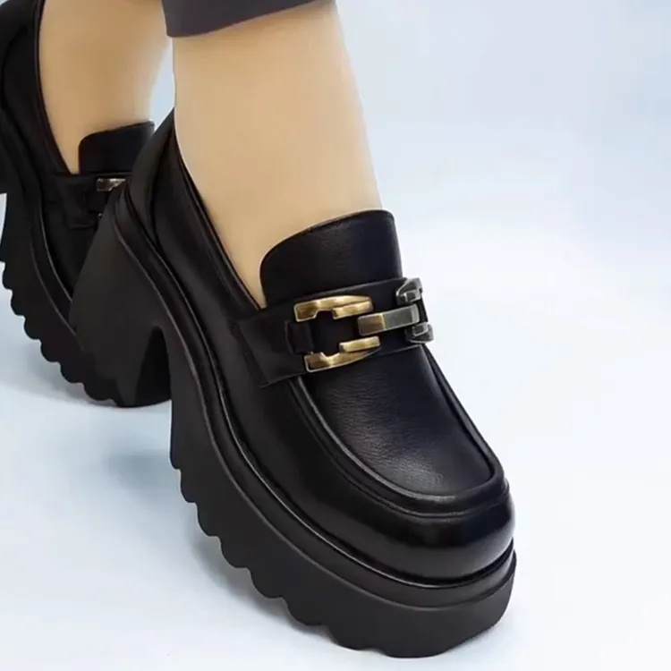 真皮单鞋女春秋季新款牛皮厚底松糕底女鞋牛皮圆头英伦风乐福鞋子