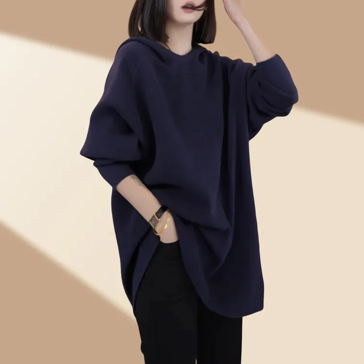 时尚洋气显瘦遮肉针织帽衫上衣2025秋冬新款中长款气质长袖卫衣女