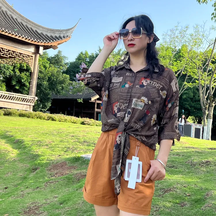 下摆可打蝴蝶结复古花色薄款2025夏季新款衬衫女时尚百搭气质上衣