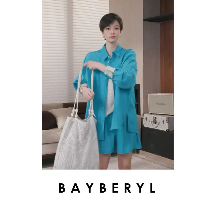 BAYBERYL老贝甸子蓝*麻套拼袖短裤百搭翻领夏衬衫NCY5C2604-5/10
