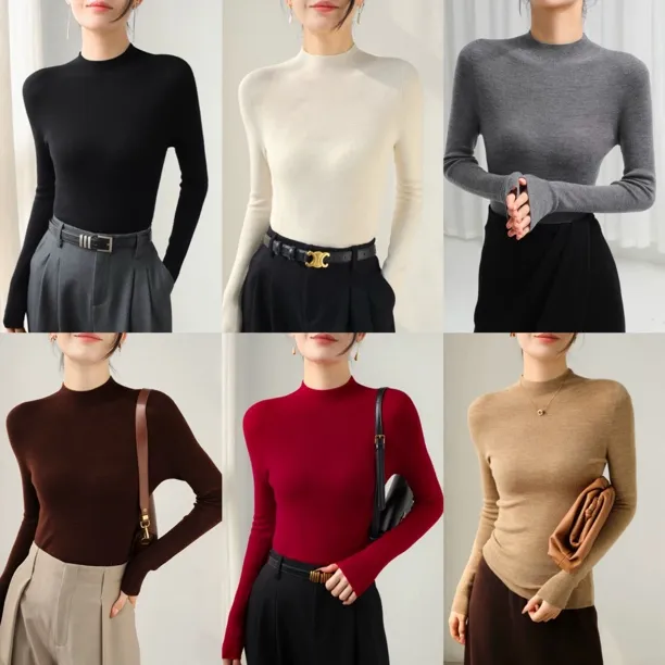 100%美丽诺羊毛高端无缝针织衫半高领女秋冬修身内搭打底衫毛衣