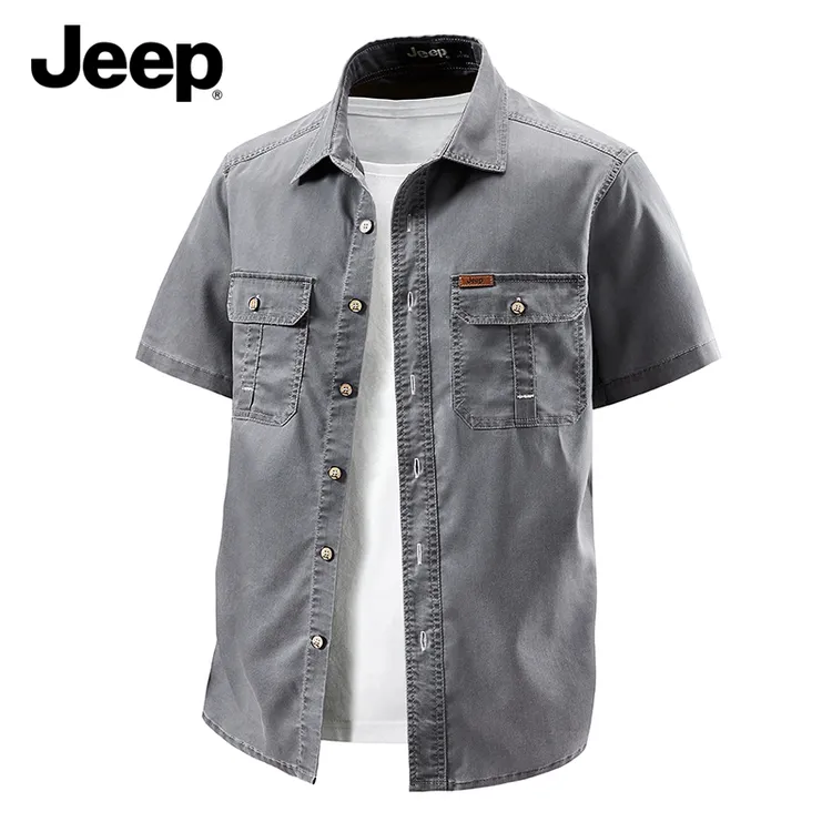JEEP吉普官方正品夏季莱赛尔天丝双口袋工装短袖衬衫男大码衬衣