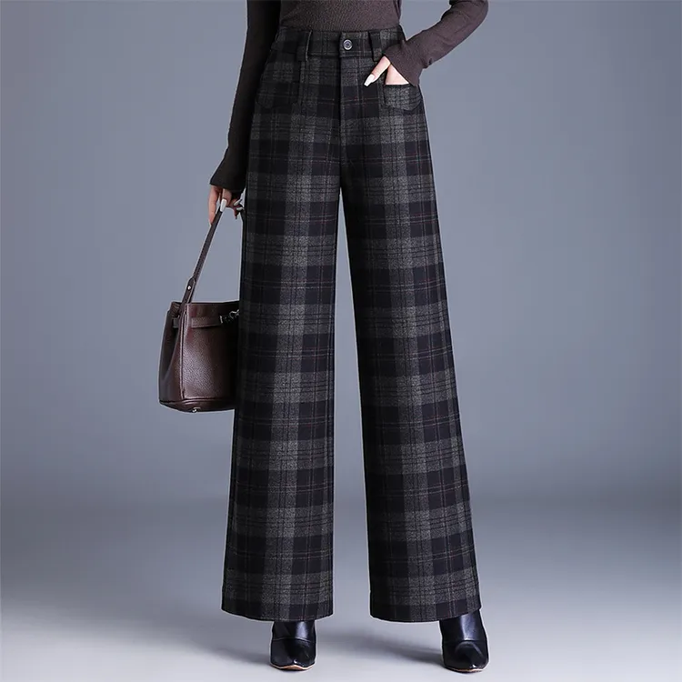 时尚毛呢格子窄版阔腿裤女秋冬2025新款高腰垂坠感直筒裤休闲长裤