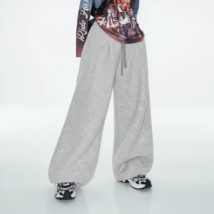 马登浅灰色阔腿直筒休闲长卫裤松紧腰抽绳束脚垂坠感糯米裤子女冬