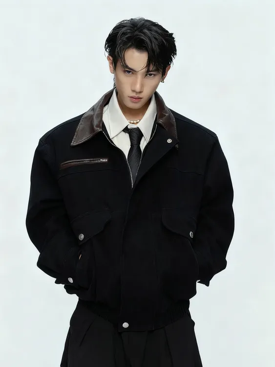 Argue 重磅设计感拼皮撞色翻领廓形工装夹克男 宽松痞帅秋季外套