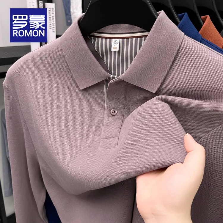 罗蒙男士翻领休闲POLO衫男长袖T恤男装秋冬纯棉百搭打底上衣男款