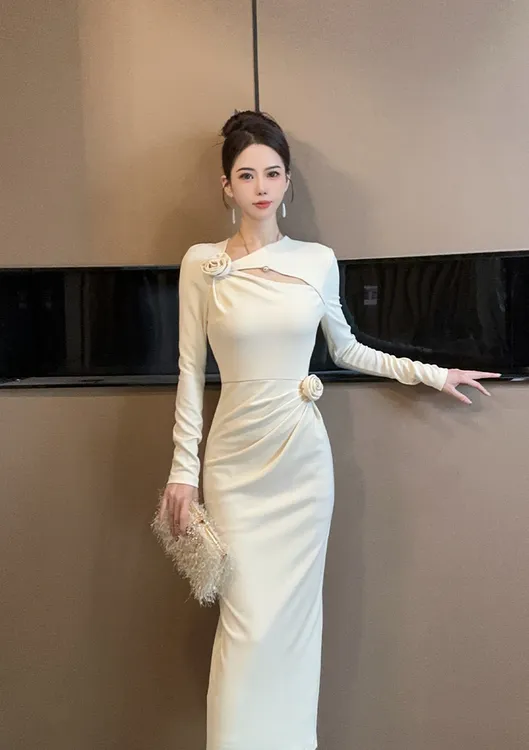 连衣裙修身民族风长款内衬连衣裙长袖包臀开叉长裙