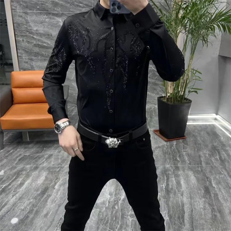 长袖衬衫男春秋季新款高品质烫钻亮片黑色衬衣时尚休闲修身上衣潮
