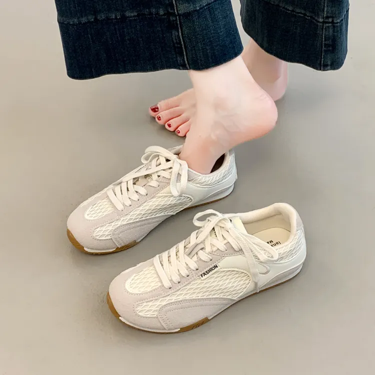 休闲透气德训鞋女夏季2025新款平底网纱系带透气阿甘鞋休闲小白鞋