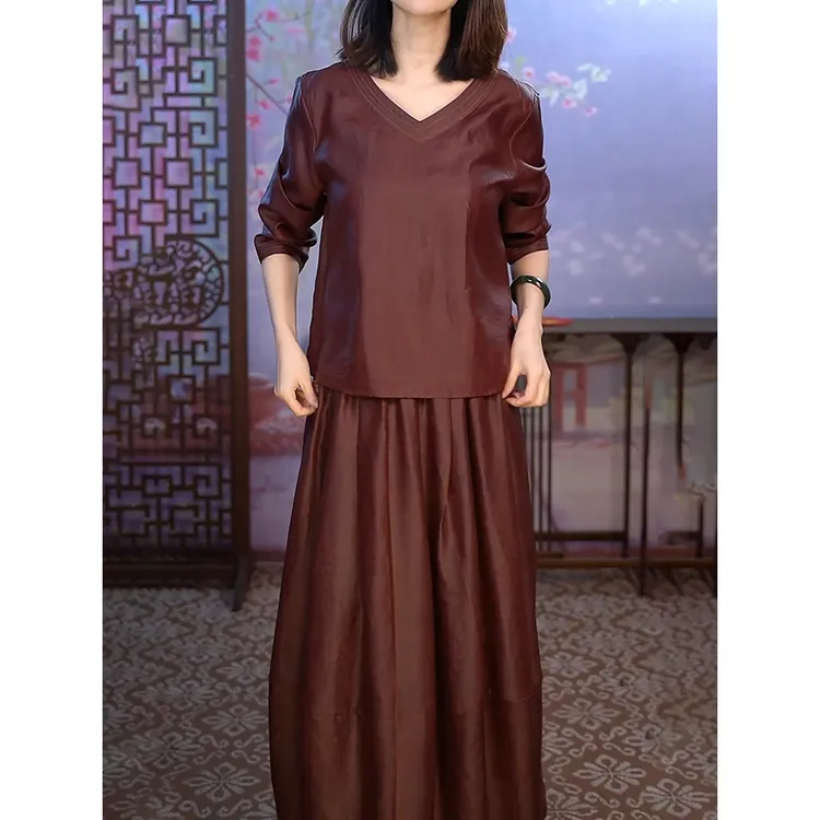 知性优雅高级感套装女2025新中式国风宽松遮肚减龄长袖衬衫半身裙