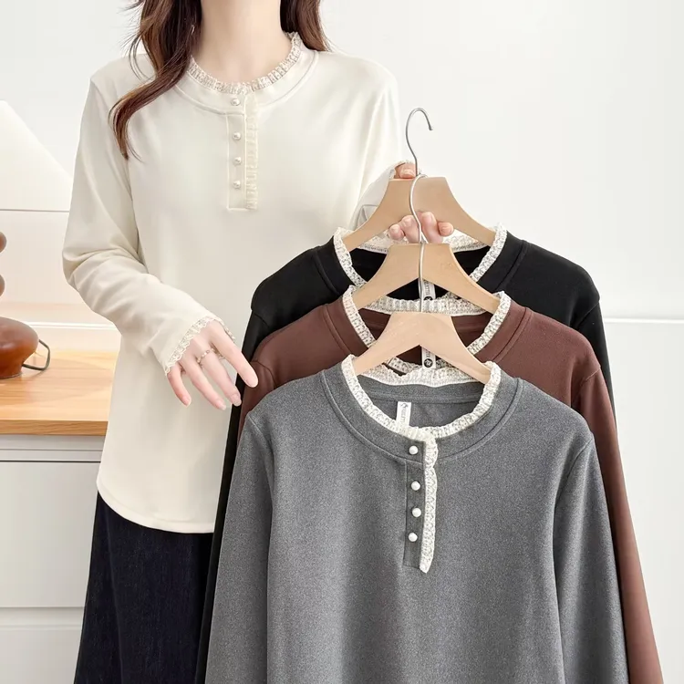 大码女装花边领常规款蕾丝长袖内搭宽松显瘦纯色双面绒保暖打底衫