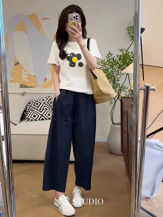 网红爆款套装女2025夏季小个子新款短袖上衣减龄百搭休闲裤两件套