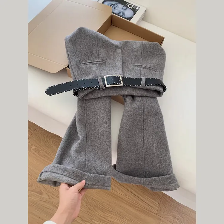 灰色毛呢阔腿裤女秋冬季窄版高腰复古宽松显瘦百搭垂感直筒休闲裤
