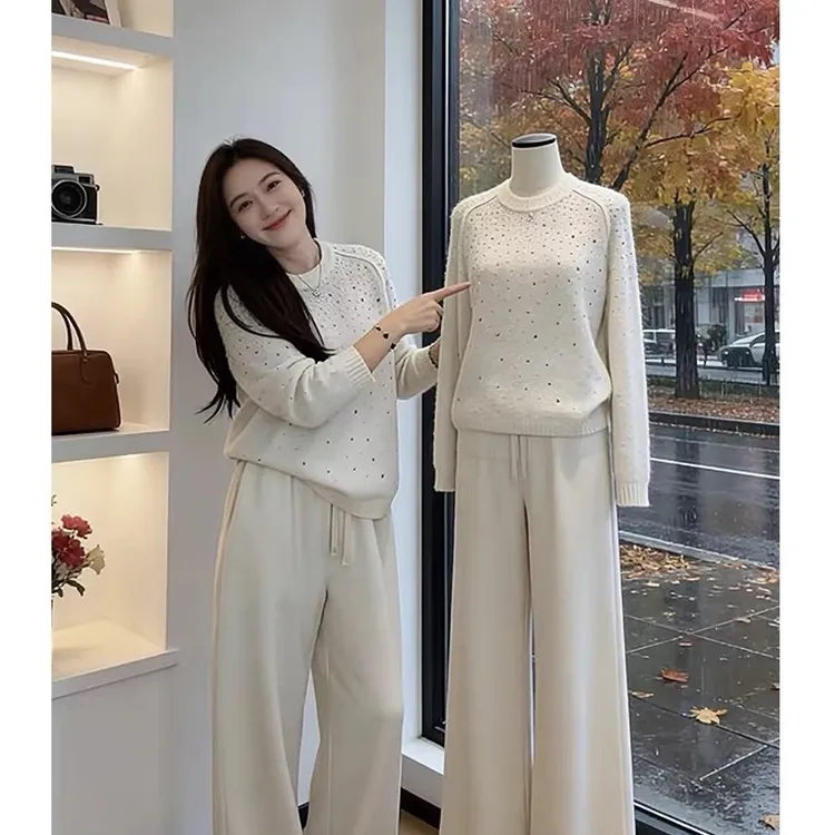 秋冬穿搭2025新款宽松立领外套百搭长袖针织衫显瘦阔腿裤三件套女