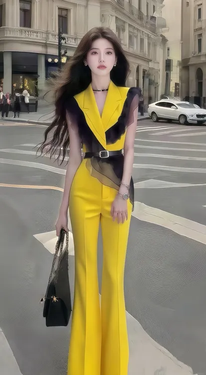 时尚新款黄色无袖V领修身收腰上衣+黄色百搭显瘦长裤女高级两件套