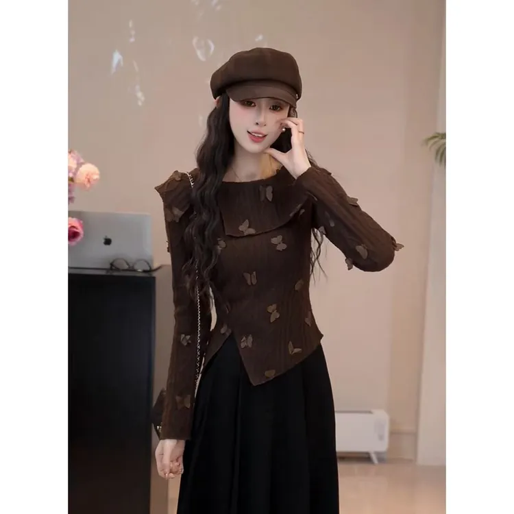 YUANLIANSU/圆脸酥【奈良鹿丸】千金风蝴蝶结立体装饰针织衫女秋季