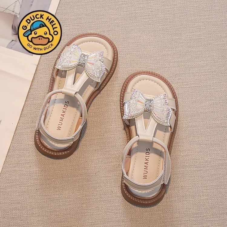 小黄鸭儿童鞋女童凉鞋2025年夏季新款软皮软底蝴蝶结公主鞋女童鞋