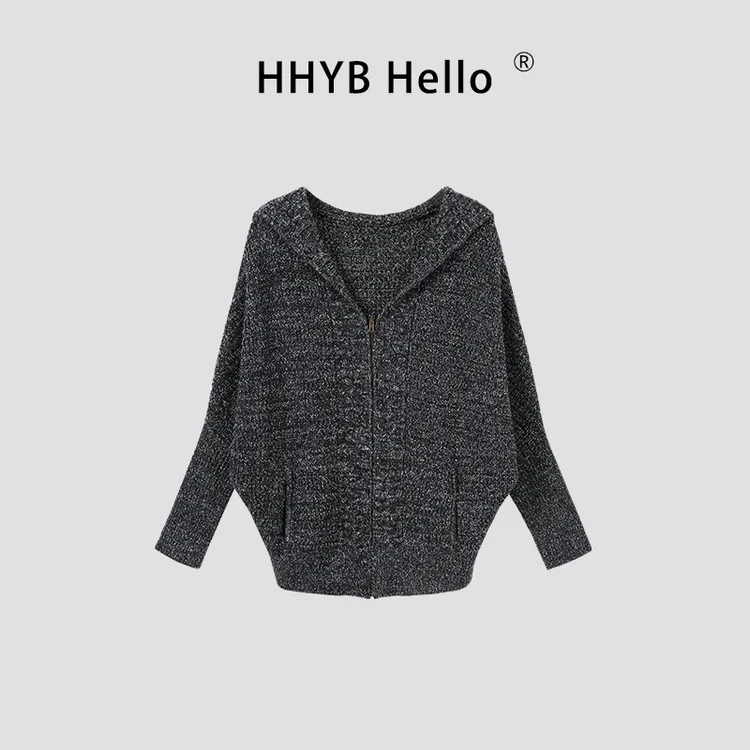 HHYB Hello蝙蝠袖慵懒松弛高级毛衣拉链连帽亮丝外套女QM1401