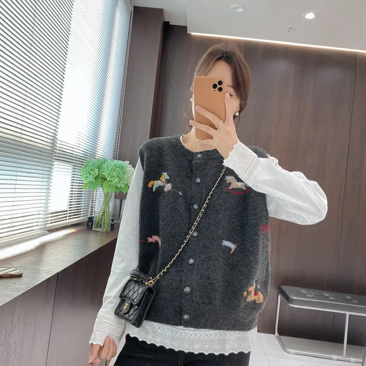 IMFLY金小金自制女装 两件套上衣DYW10282针织马甲+蕾丝打底上衣