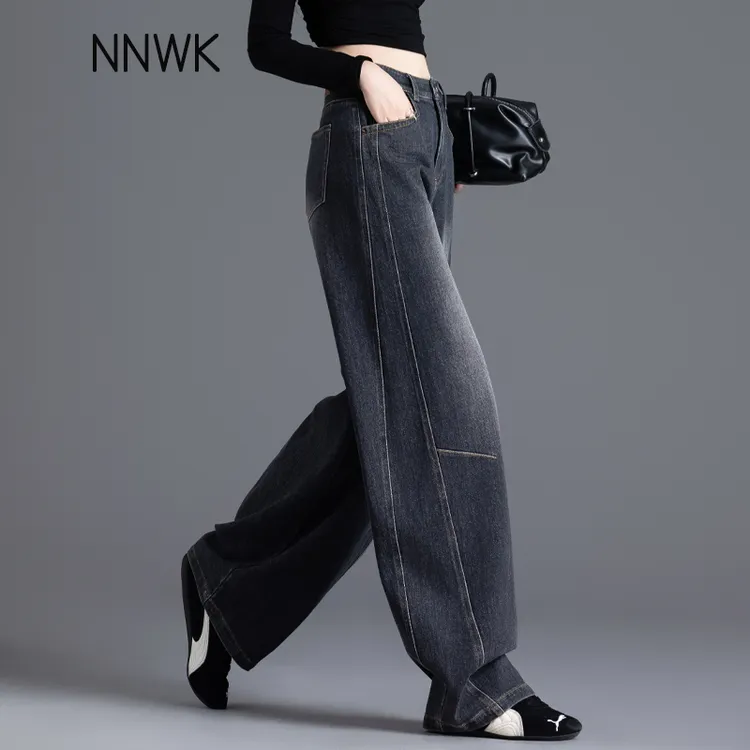 黑色加绒牛仔裤女款爆款2025新款秋冬高腰阔腿裤哈伦裤复古弯刀裤