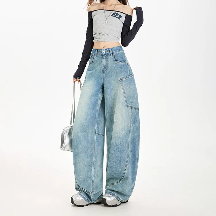 美式复古廓形弯刀牛仔裤女2025秋季高腰宽松垂感大口袋设计阔腿裤