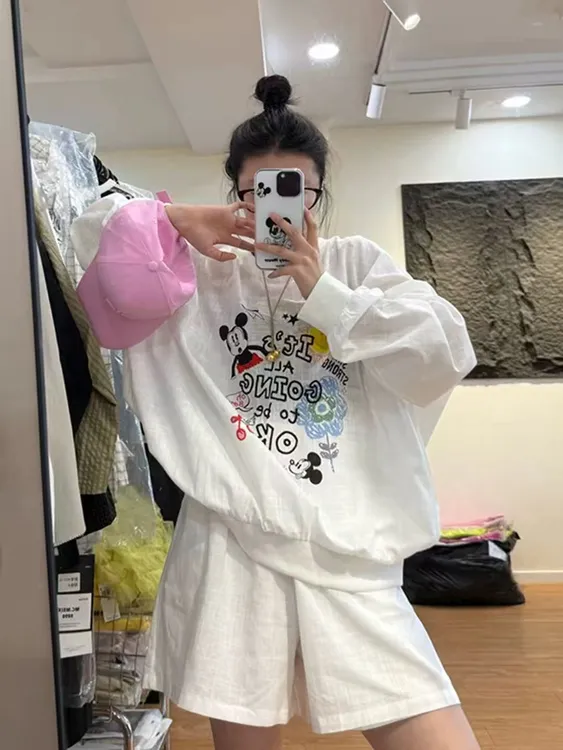 早秋大码胖mm东大门ins鼠鼠印花慵懒宽松防晒松紧腰短裤两件套装