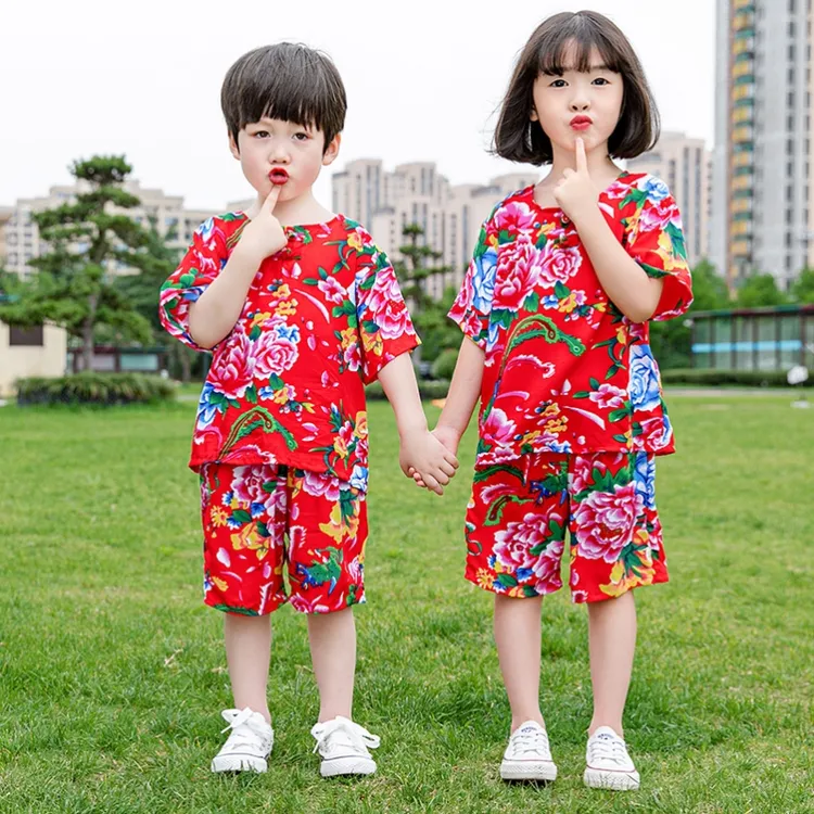 东北大花套装女童儿童衣服宝宝男短裤网红民族风花布棉绸睡衣村姑