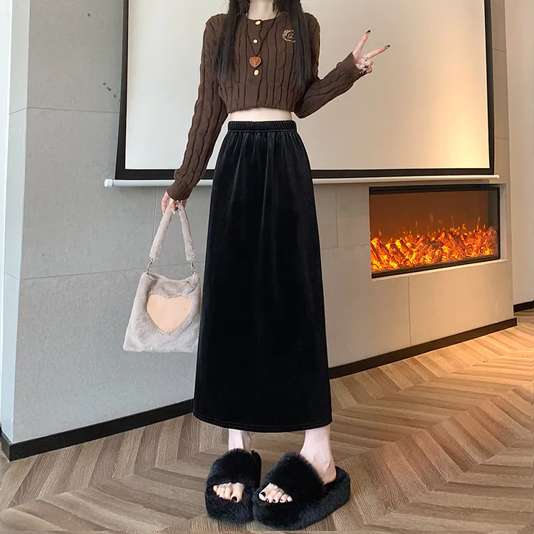 加绒金丝绒半身裙女秋冬松紧腰显瘦开叉中长款A字包臀裙