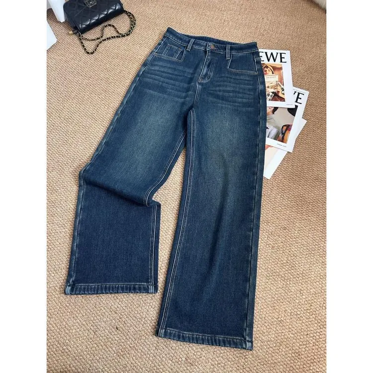 【复古水洗蓝】加绒！加厚四面弹水洗复古蓝直筒阔腿牛仔裤女装