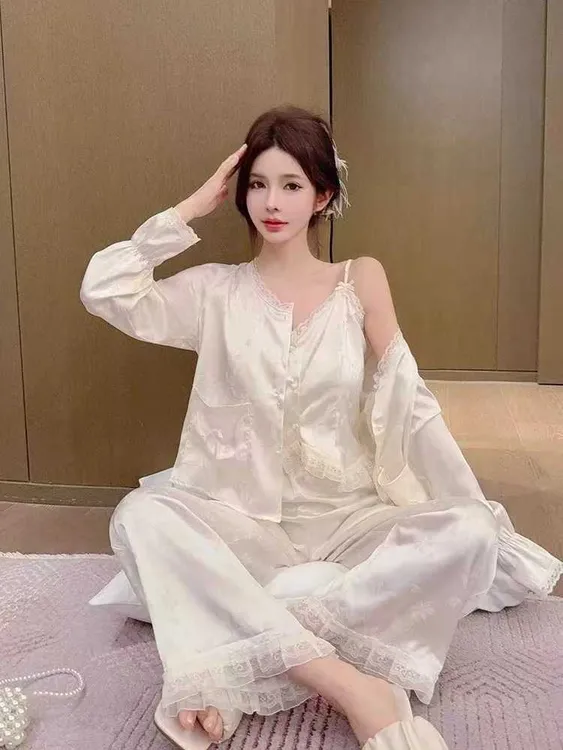 新中式冰丝纯欲暗纹提花睡衣女2025秋季吊带长袖长裤三件套家居服