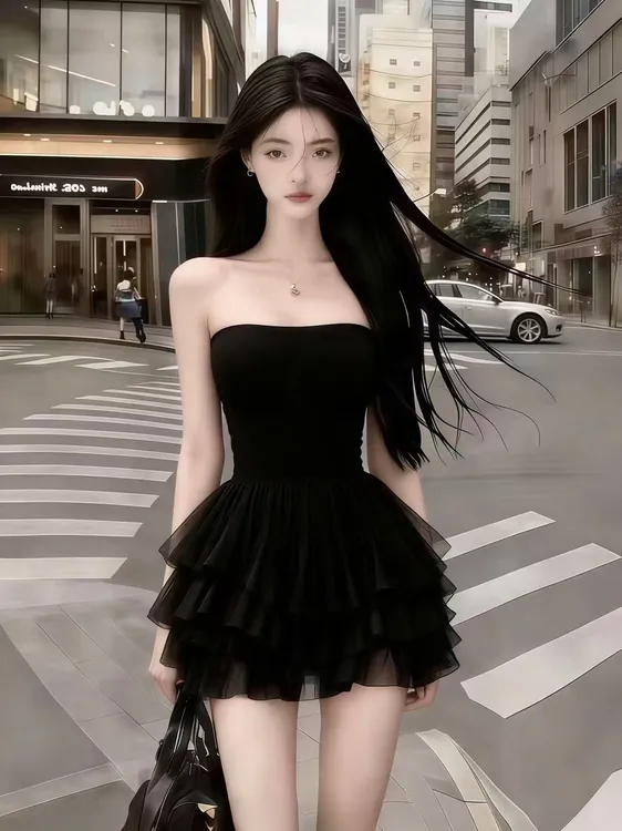 2025秋冬季优雅轻奢纯欲风黑色无袖露肩一字领抹胸拼接网纱连衣裙