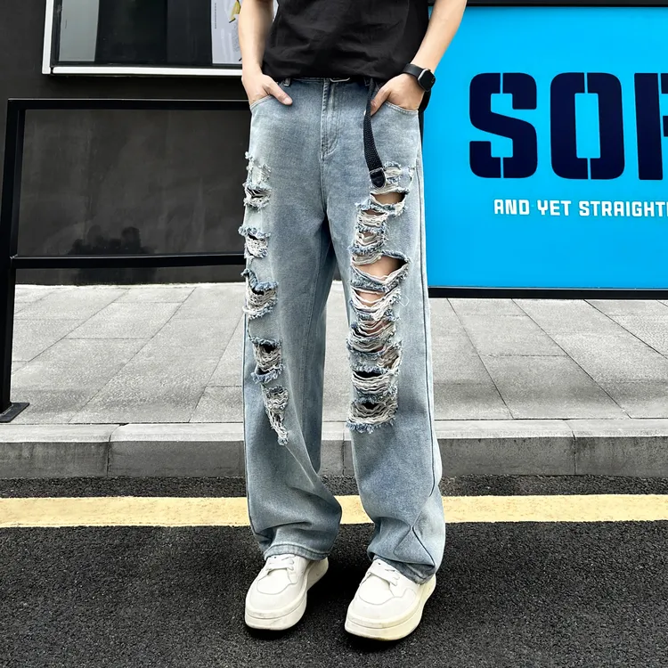 QUALCOMM美式破洞割烂水洗牛仔裤男2025新款春夏季宽松显瘦直筒裤