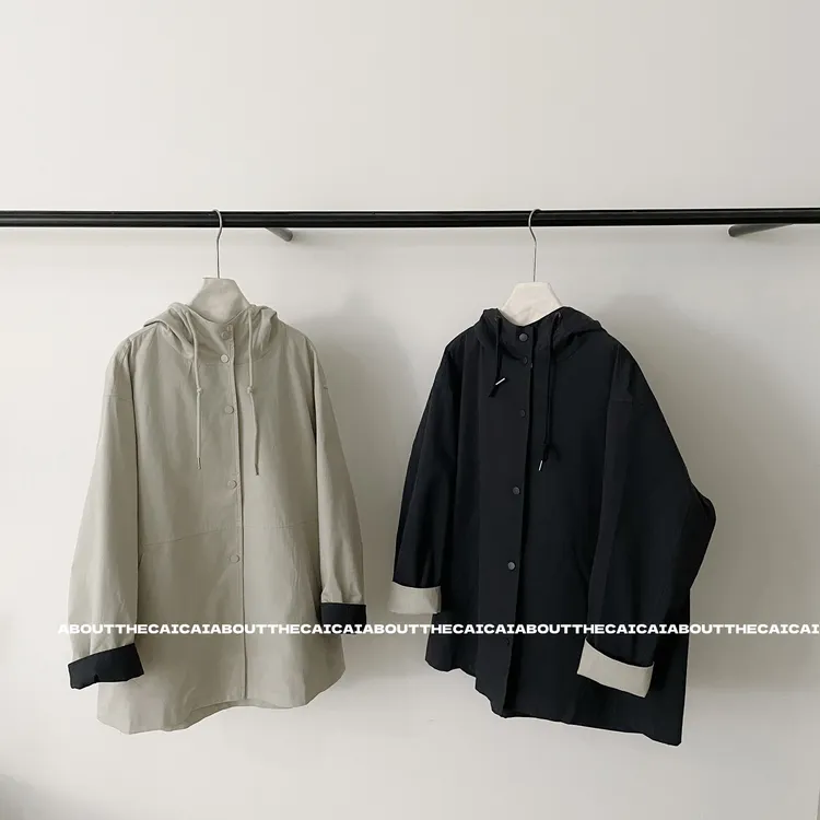 CAICAI短款连帽风衣外套女秋季新款韩系简约撞色休闲百搭上衣2603