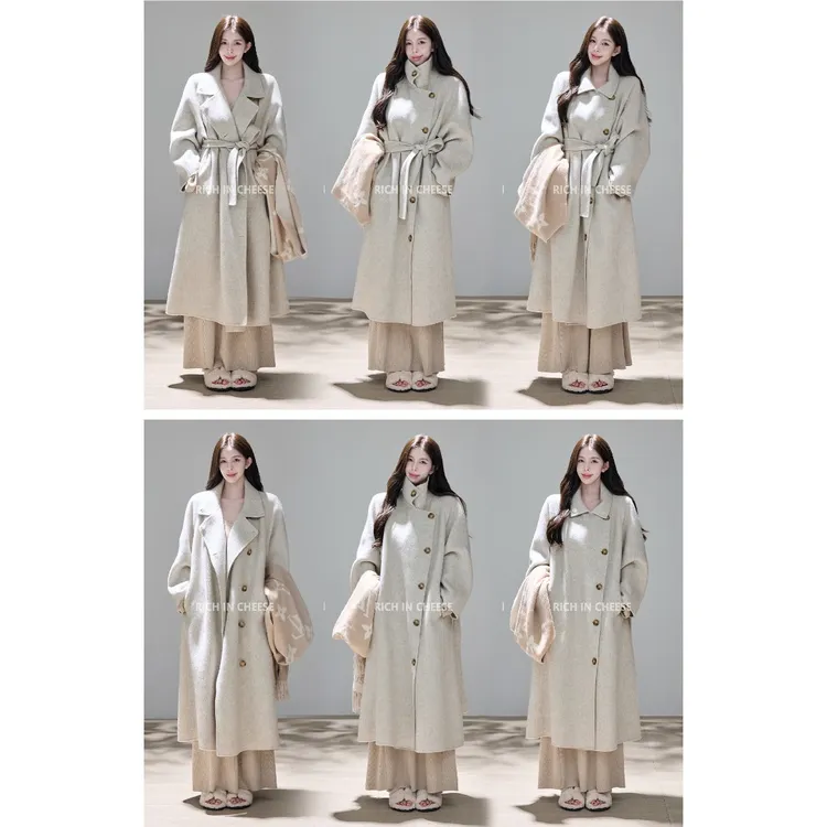 舒胡蕾 优雅冬日 100%绵羊毛全手工双面呢设计感百搭时尚毛呢大衣