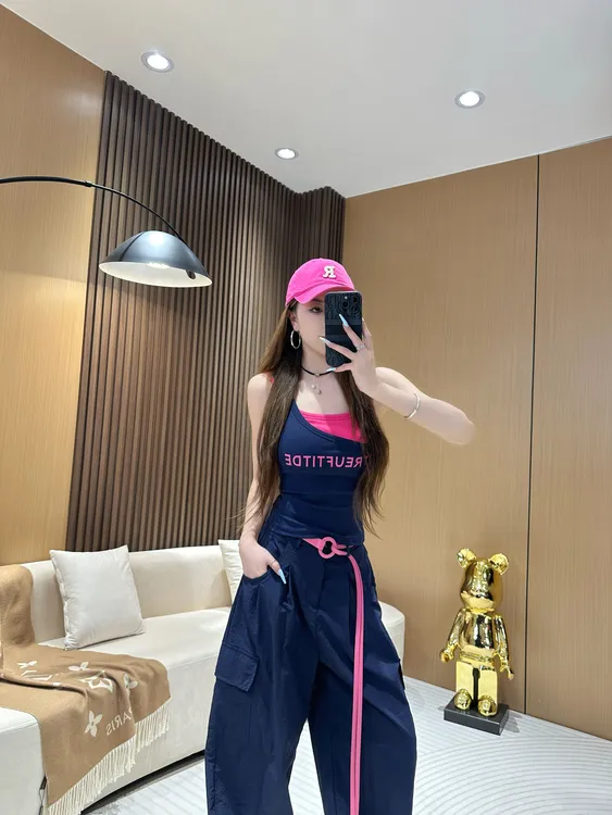 DA8872美式甜辣风不规则拼接撞色印花字母修身显瘦带胸垫百搭背心
