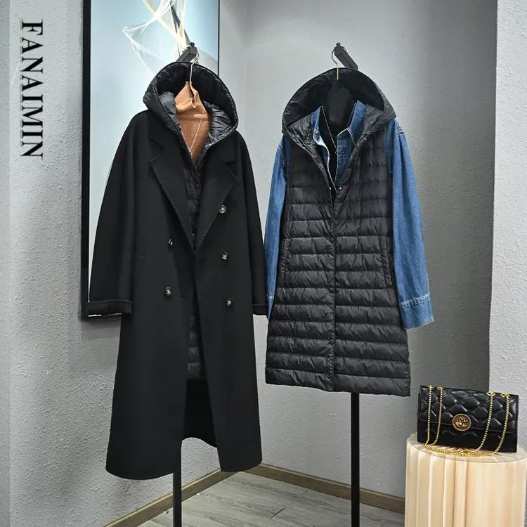 羽绒马夹女连帽白鸭绒保暖内胆中长款外穿时尚洋气大衣内搭背心女