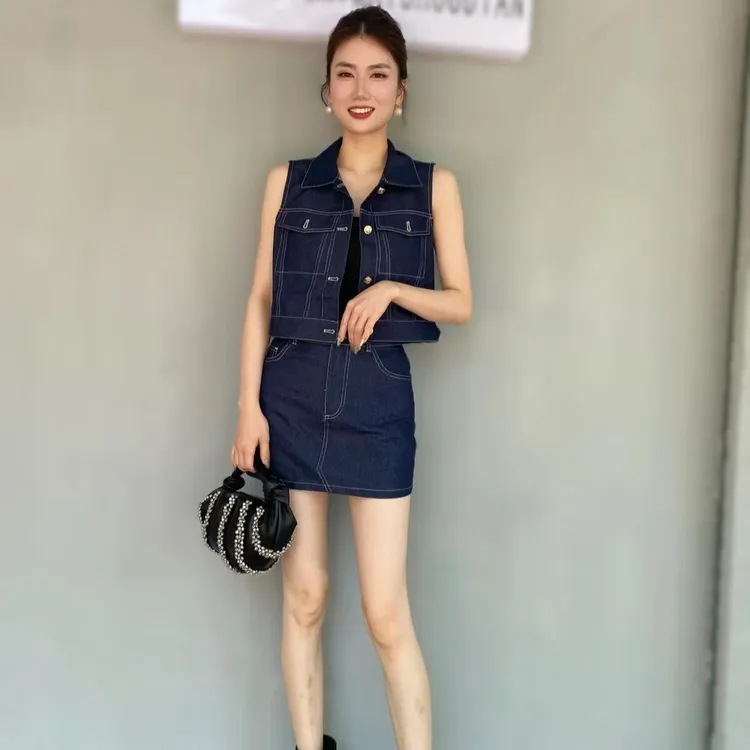 韩版时尚小香风无袖套装夏季新款蓝牛仔轻熟风显瘦短款上衣半身裙