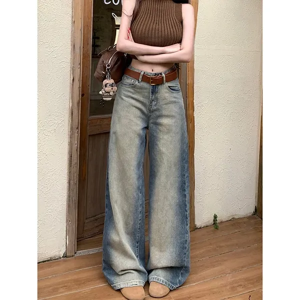 做旧晕染撞色阔腿牛仔裤女2025秋季新款高腰宽松显瘦垂感脏脏长裤