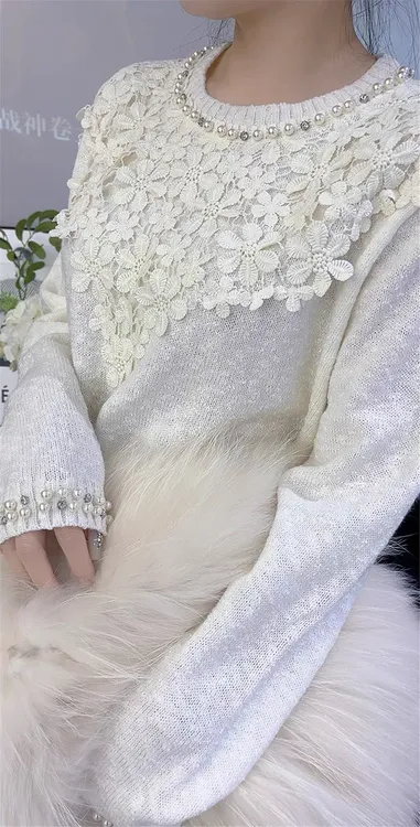 欧货重工钉珠蕾丝花朵打底针织衫女秋冬新款洋气时髦宽松显瘦毛衣