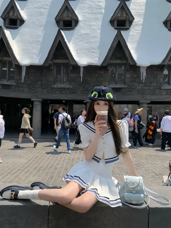 海派学姐 夏季新款纯欲风海军甜美领撞色短袖上衣半裙学院风套装