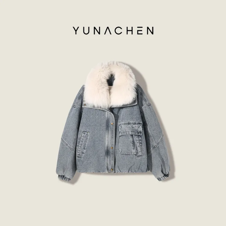 菠萝宝宝yuna【雾都绒巷】鹅绒狐狸毛水洗牛仔中长款羽绒服YL20