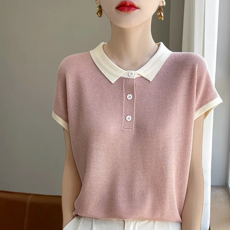 会呼吸的面料~天丝莱赛尔针织衫polo撞色女装条纹气质拼色