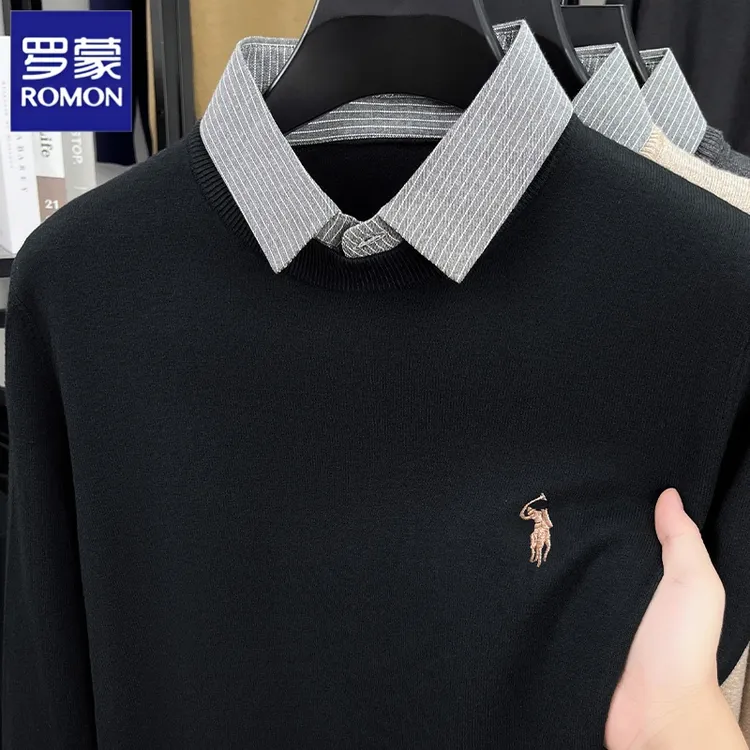 罗蒙2025秋季新款男士假两件毛衣打底刺绣高级感含羊毛针织衫上衣